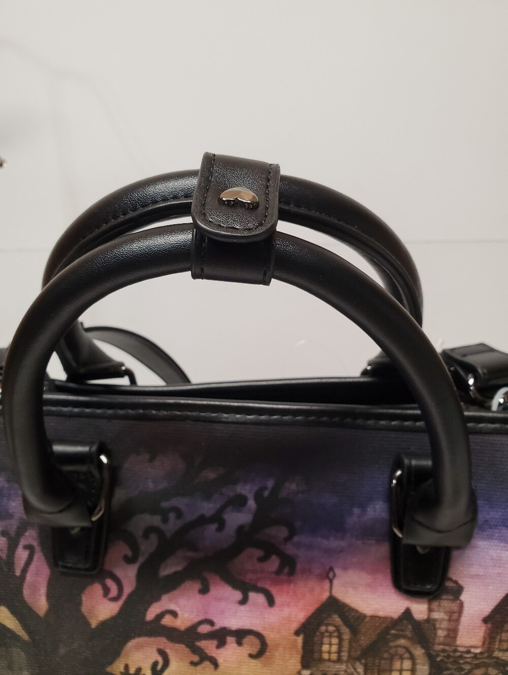 Betsey Johnson Halloween tote bag with bat charm featuring haunted house graphic - Picture 7 of 8